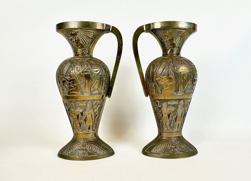 photo for sale Egiptian Scenes Galvanized Metal Vases, 1900s, Set Of 2