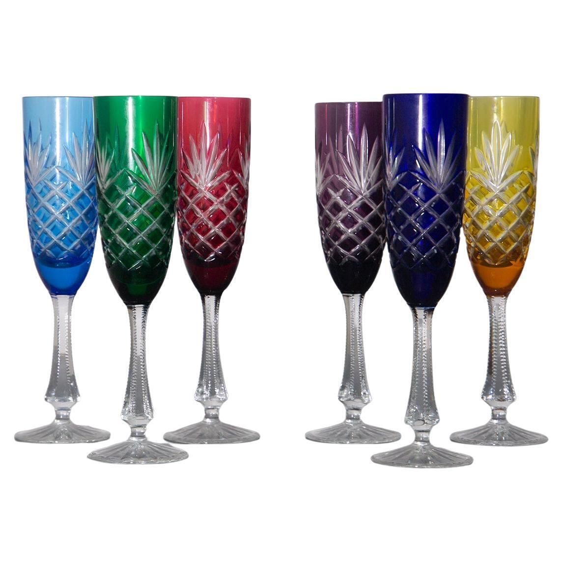 Set Of 6 Peter Carl Faberge Odessa Crystal Champagne Flutes, Signed