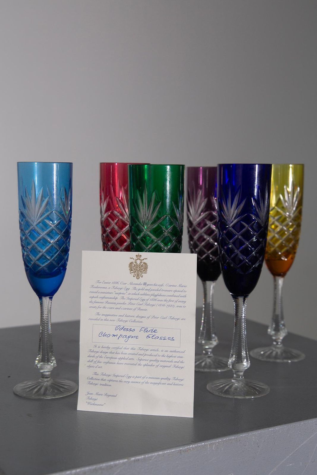 photo vinterior Set Of 6 Peter Carl Faberge Odessa Crystal Champagne Flutes, Signed