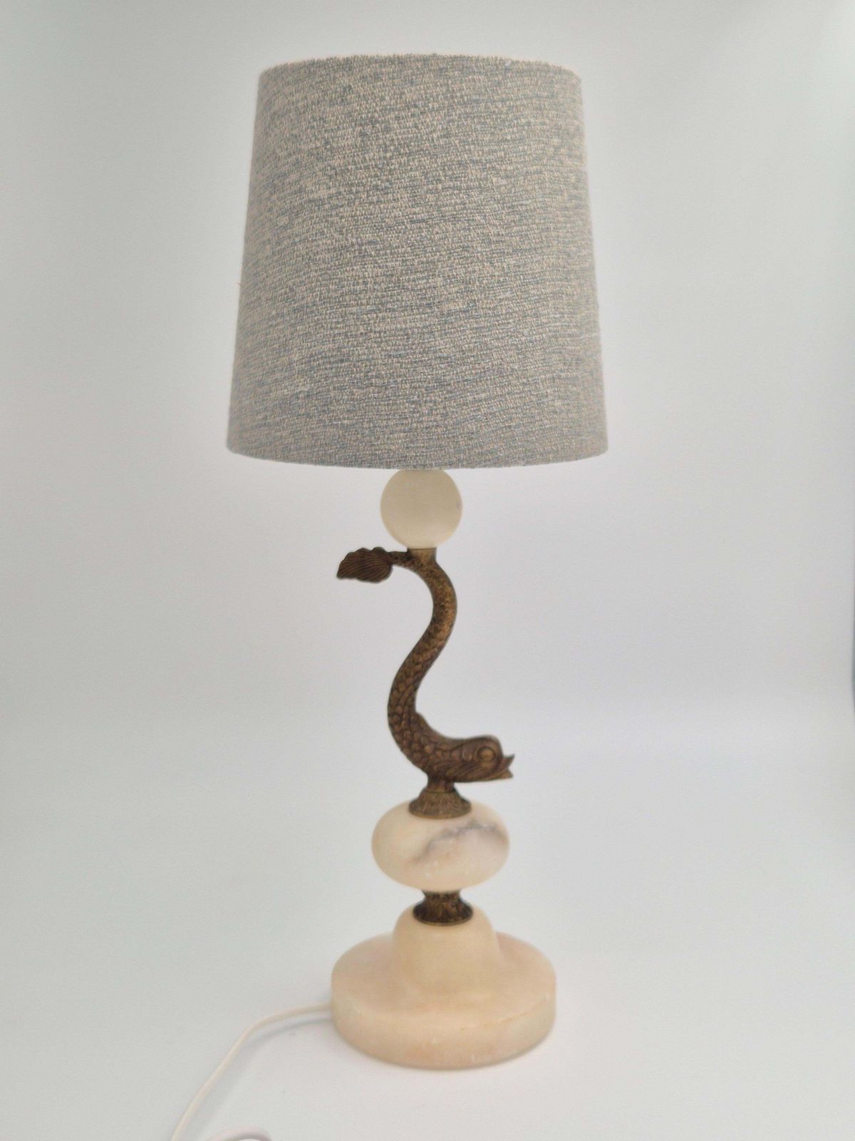 Sculptural Table Lamp In Alabaster With Decor Of Fish/Dolphin, Swedish Grace photo vinterior