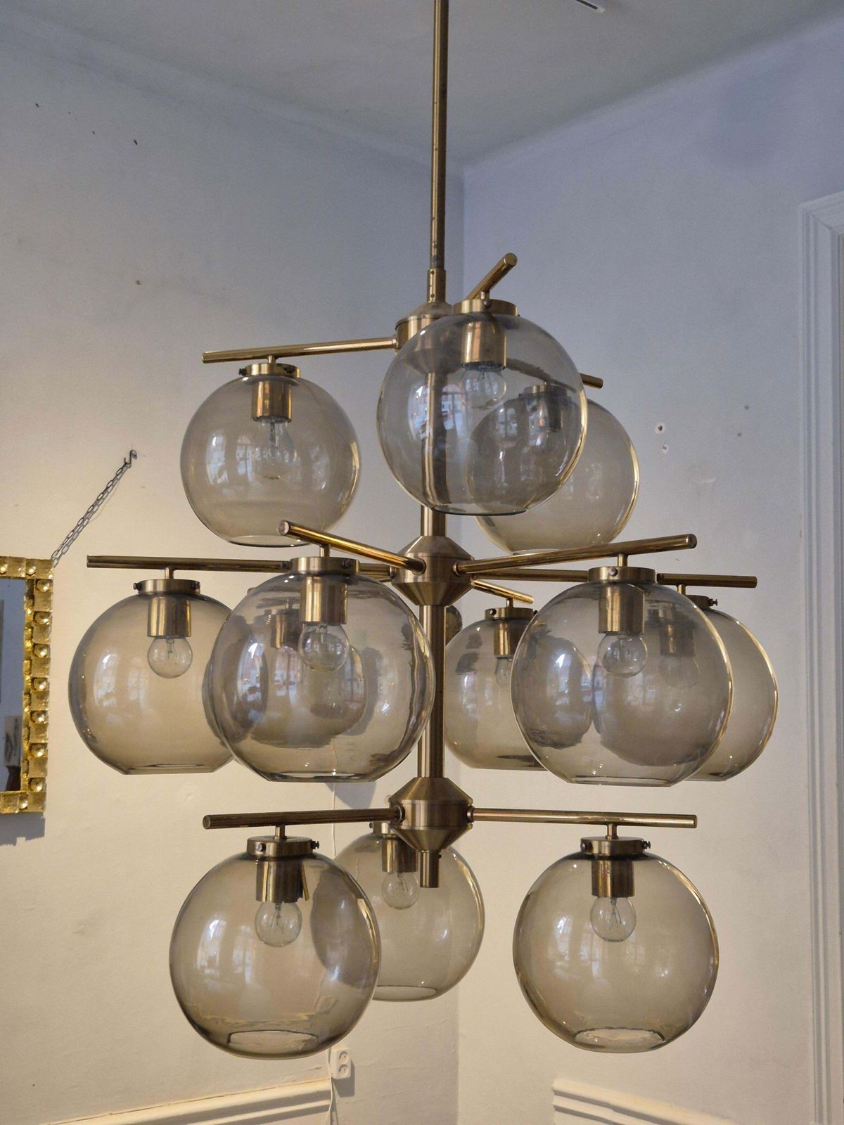 Holger Johansson, Chandelier In Brass And Grey Glass, Scandinavian Modern photo buy