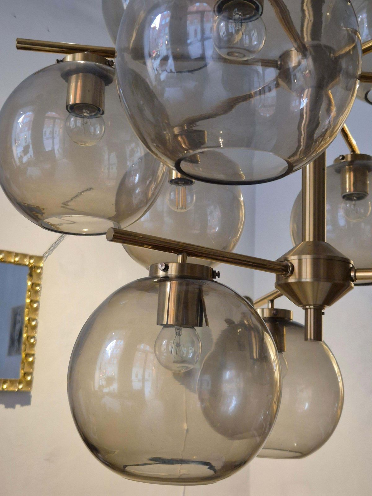 Holger Johansson, Chandelier In Brass And Grey Glass, Scandinavian Modern photo vintage