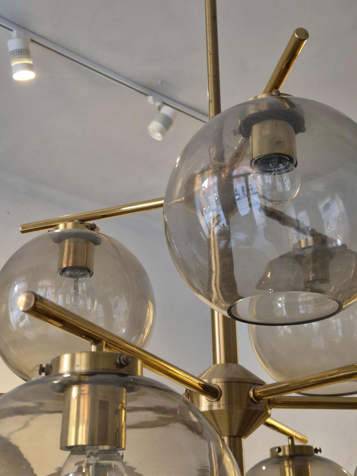 photo furniture Holger Johansson, Chandelier In Brass And Grey Glass, Scandinavian Modern