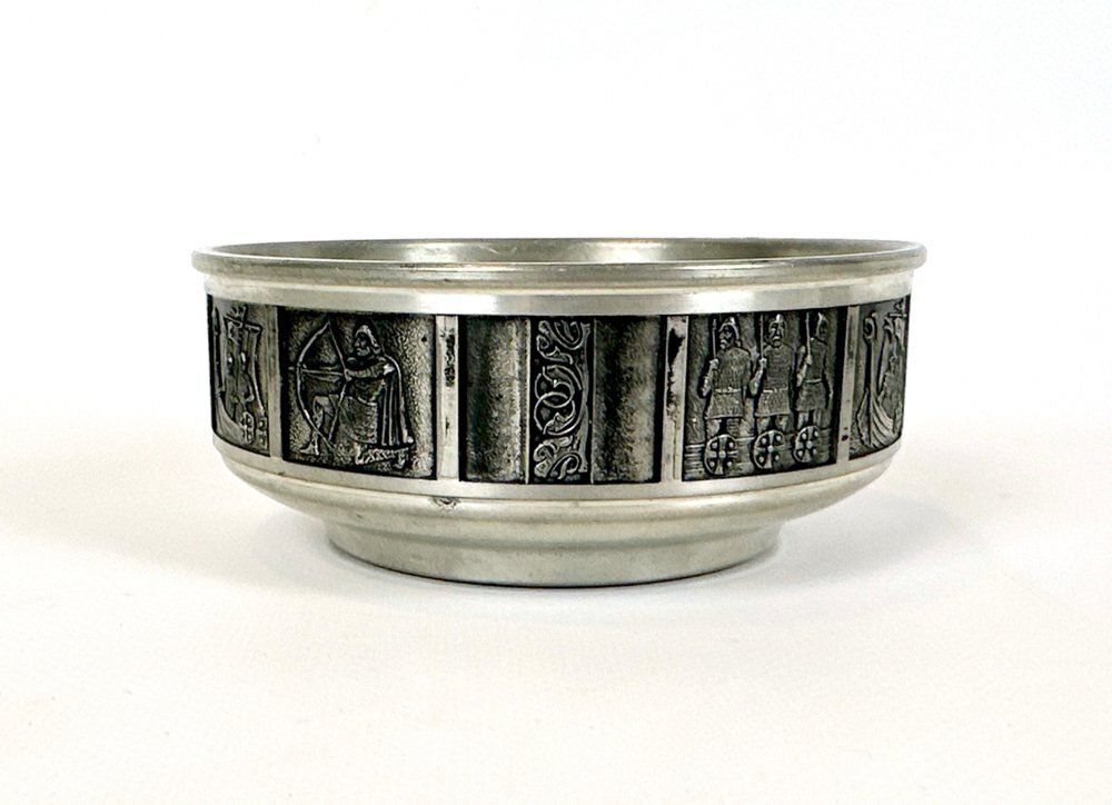 Vintage Norwegian Bowl With Viking Scenes From Konge Pewter H.S., 1960s photo furniture