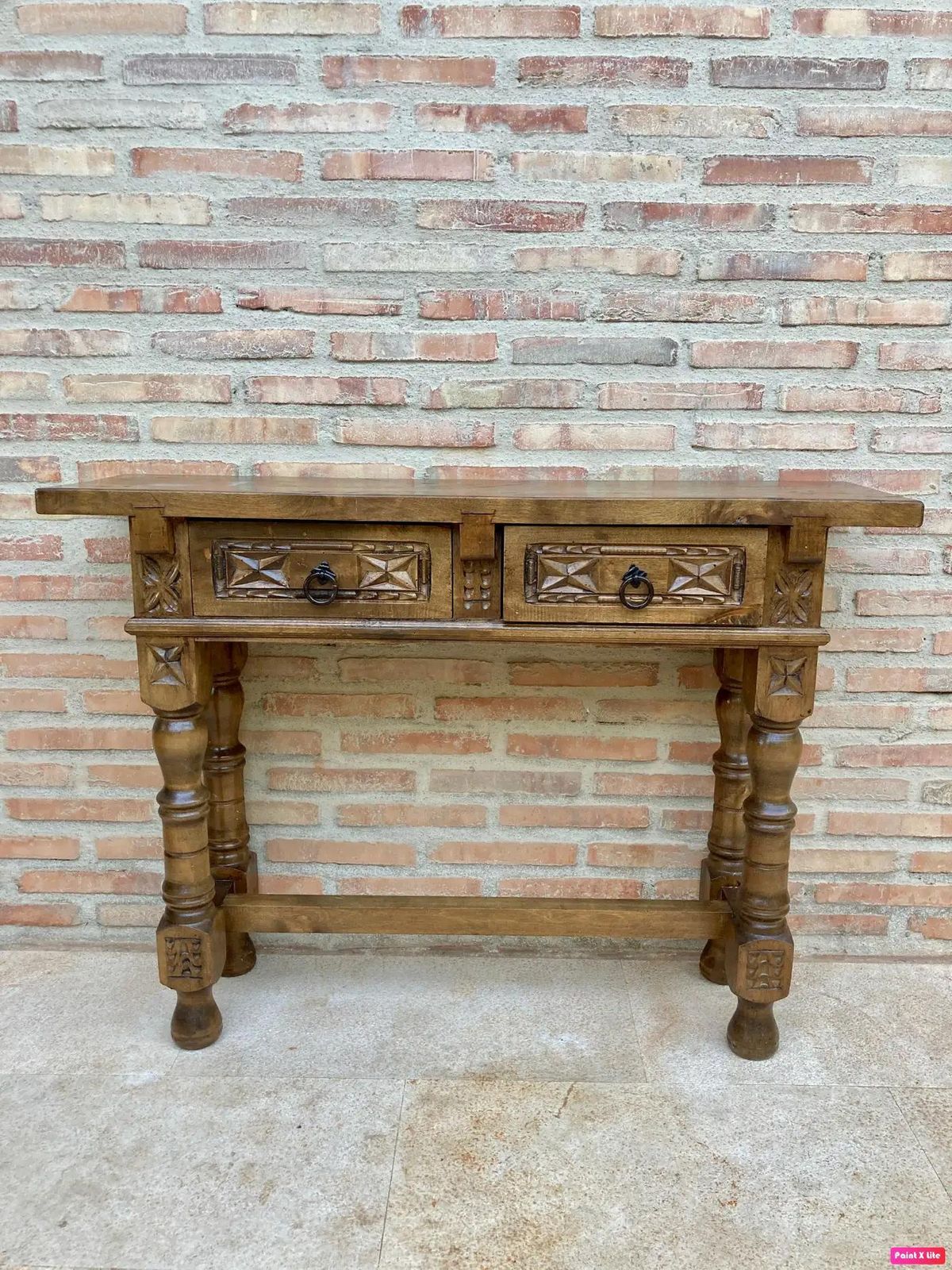 Console espagnole du début du XXe siècle, 2 tiroirs, pieds tournés photo for sale