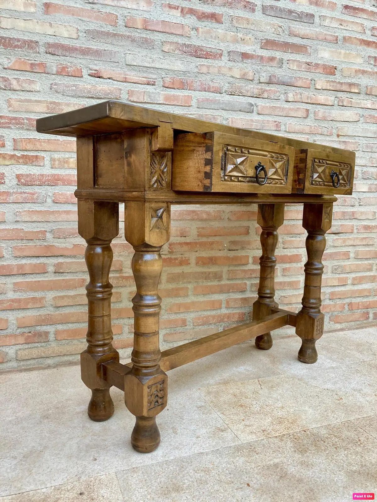 Console espagnole du début du XXe siècle, 2 tiroirs, pieds tournés photo 2712.0
