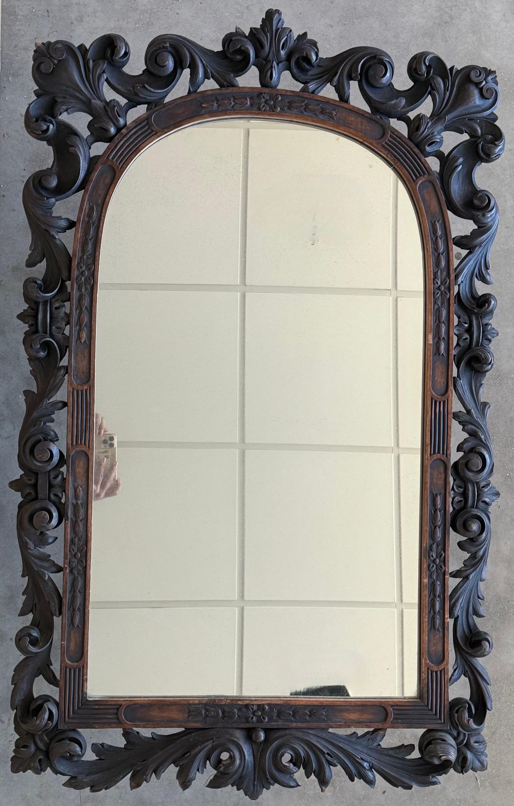 Early 20th Spanish Black Forest Carved Mirror With Floral Motif photo furniture