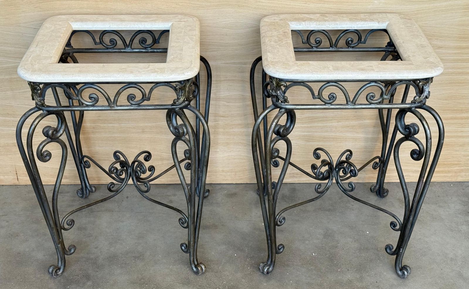 Pair Of Neoclassical Style Patinated Forged Iron Planter Stands With Marble Top photo 3339.0