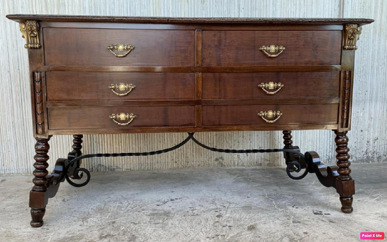 Two Sided Spanish Butcher Block With Six Drawers And Bronze Hardware photo for sale