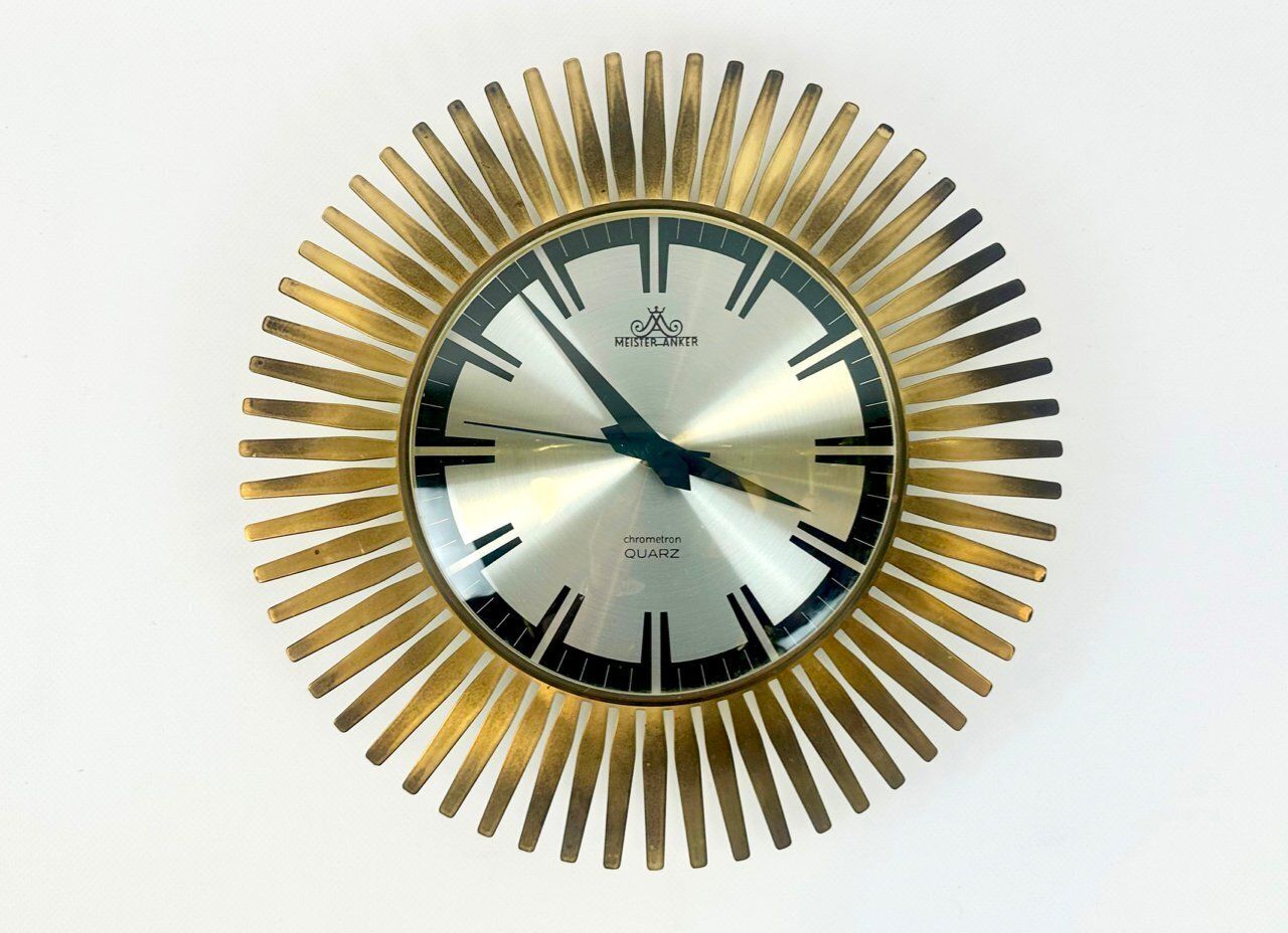 Mid Century Modern Sunburst Wall Clock In Brass From Meister Anker, 1960s