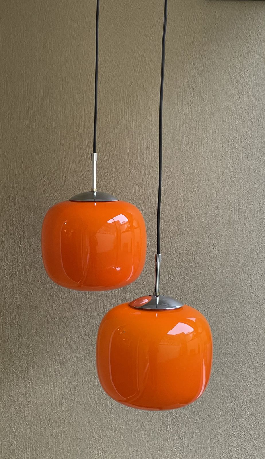 Set Of 3 1960's Orange Opaline Pendant Lights