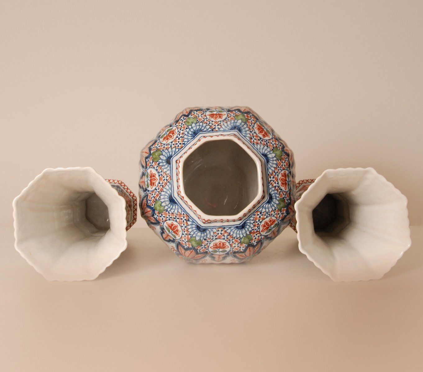 Polychrome Chinoiserie Delftware Garniture Vases, 1940s, Set Of 3 photo furniture