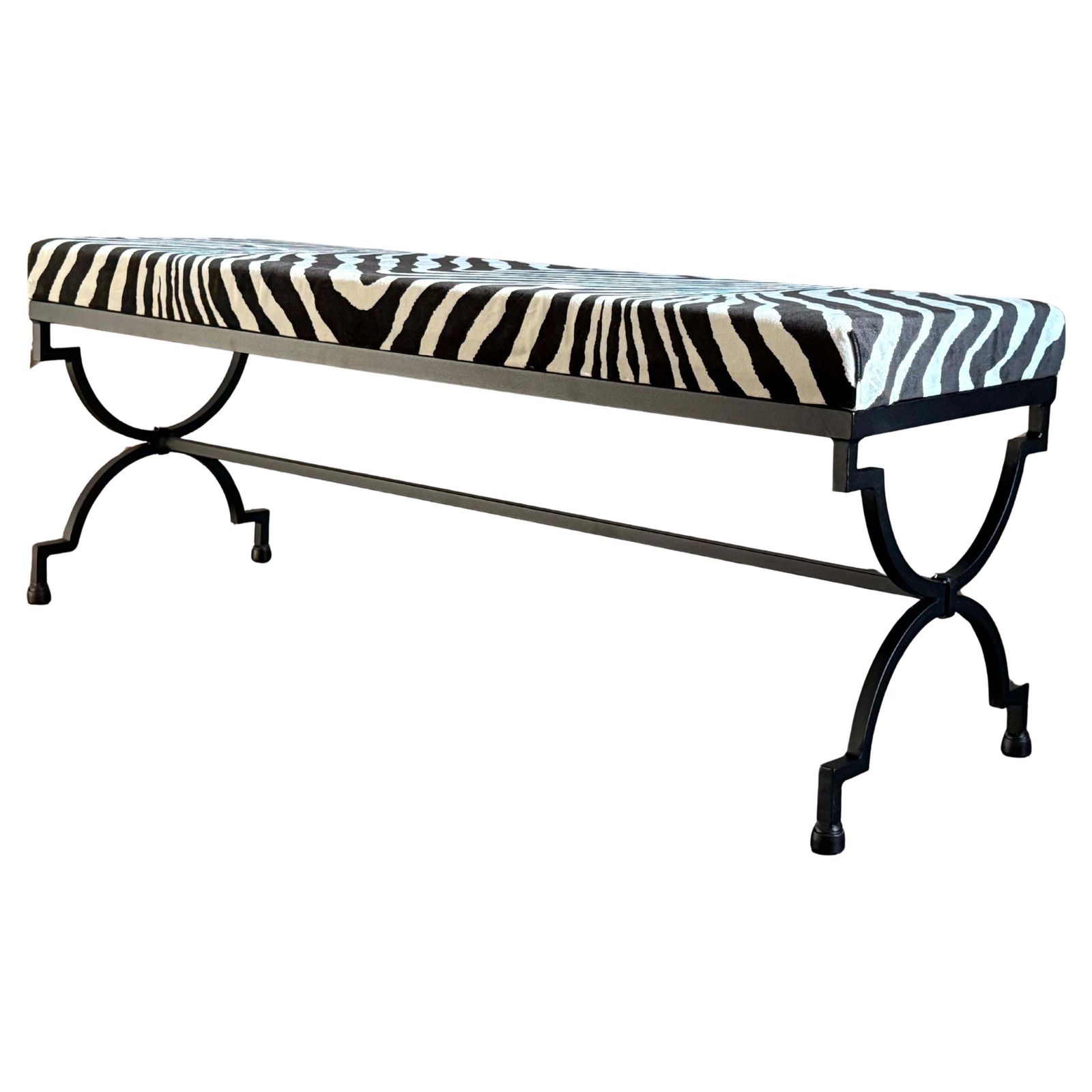 New Black Wrought Iron Curule Bench With Ralph Lauren Barlett Zebra Fabric