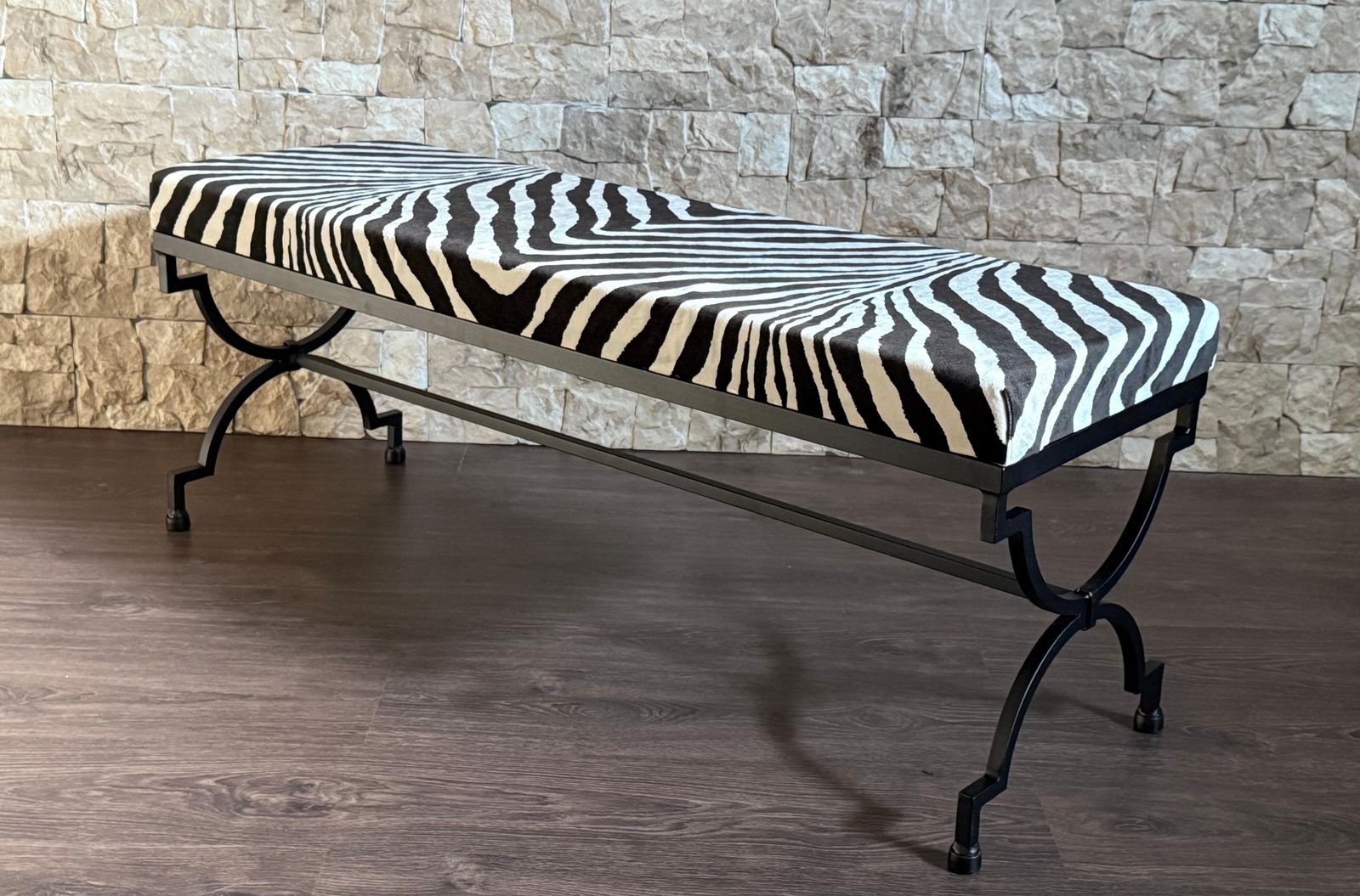 New Black Wrought Iron Curule Bench With Ralph Lauren Barlett Zebra Fabric photo vinterior