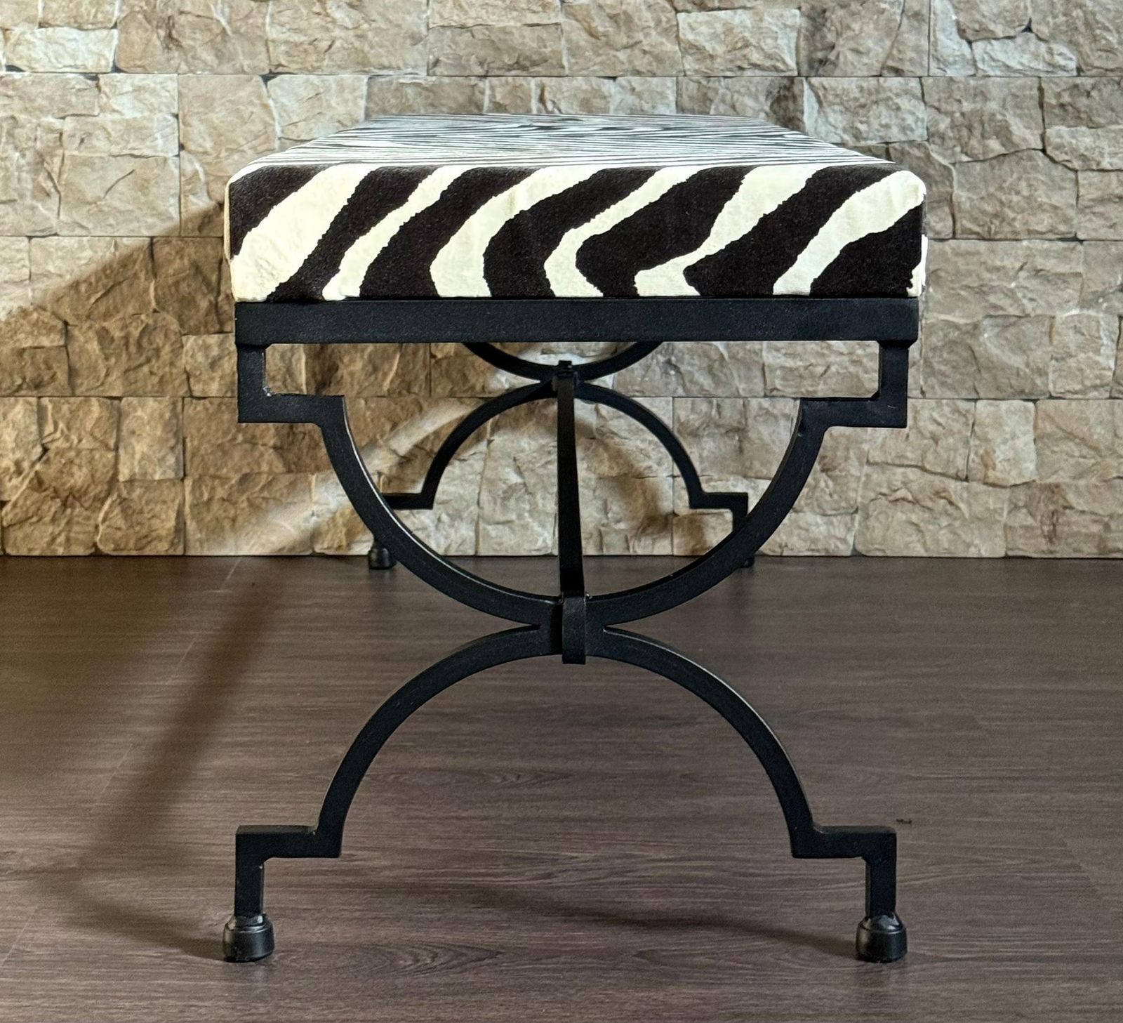 New Black Wrought Iron Curule Bench With Ralph Lauren Barlett Zebra Fabric photo vintage