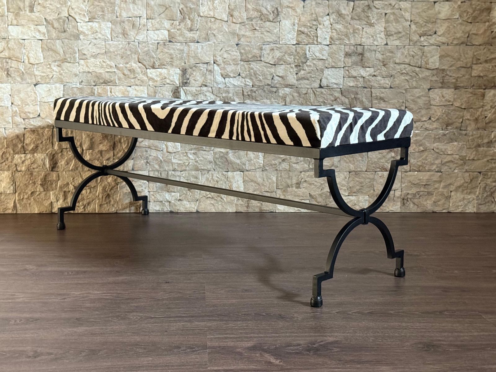 photo furniture New Black Wrought Iron Curule Bench With Ralph Lauren Barlett Zebra Fabric