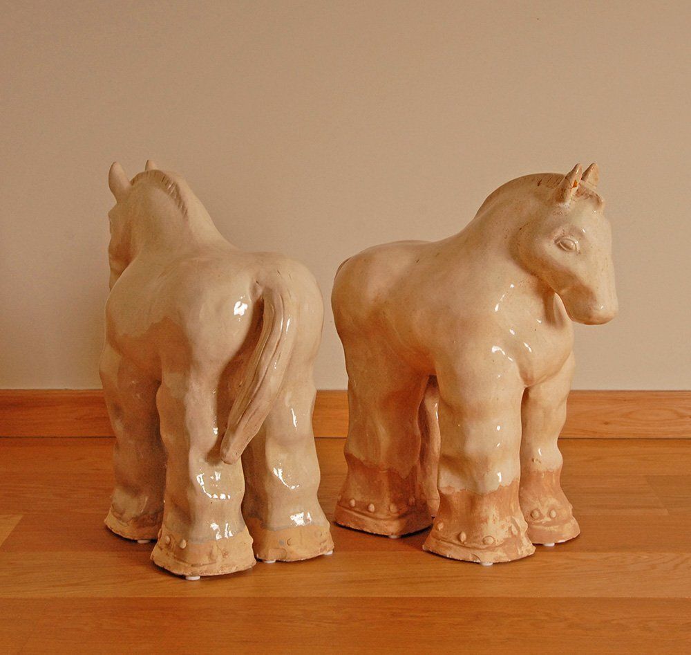 photo for sale Tall Vintage Ceramic Horse Sculptures In Glazed Terracotta, Set Of 2