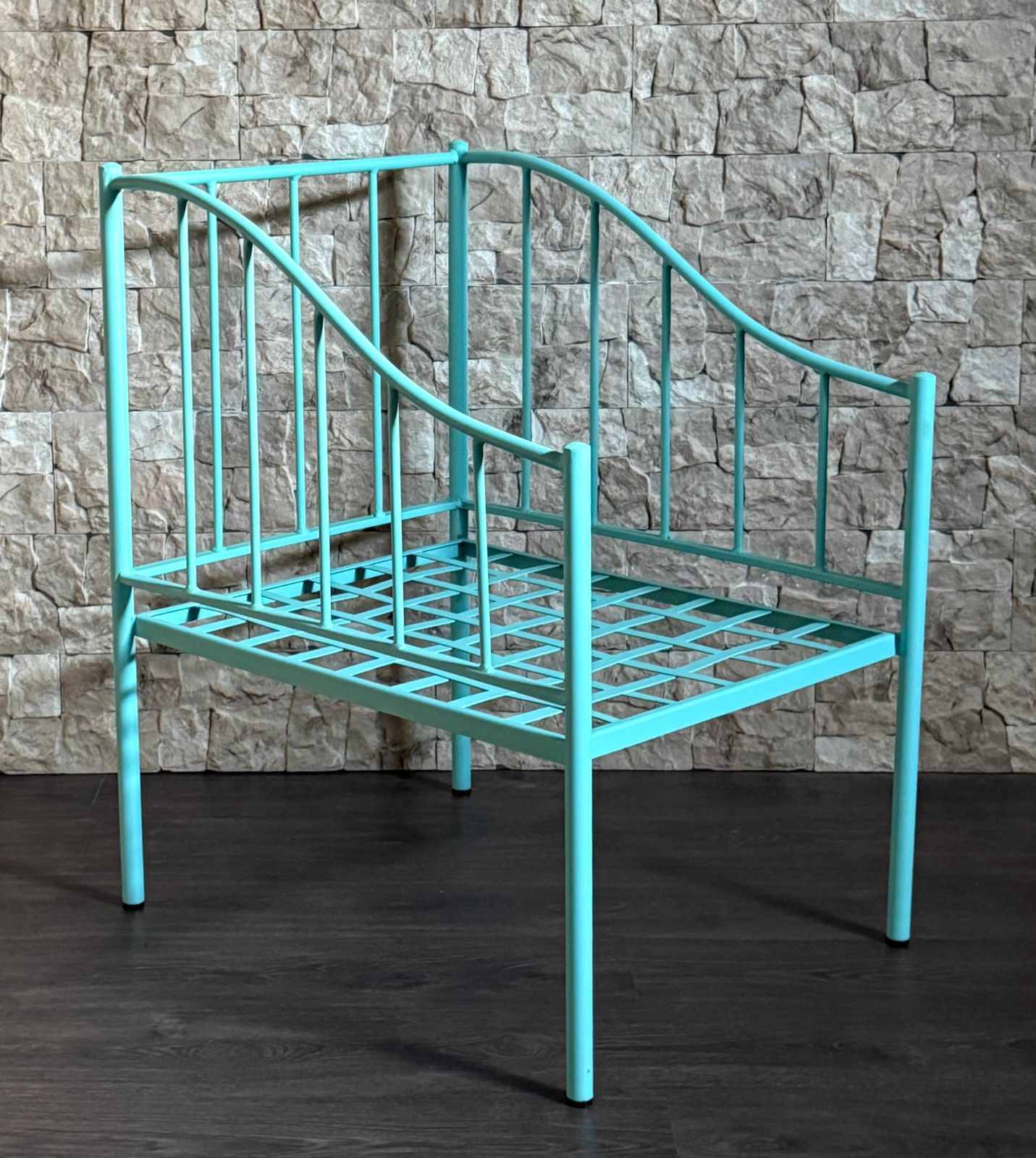 Fauteuil de jardin en fer forgé turquoise, assise à claire-voie photo 1044.0