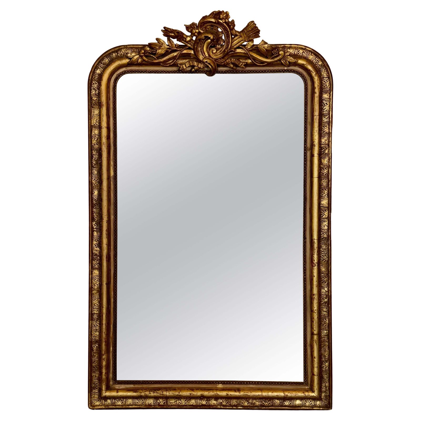 French 19th Century Large Vertical Gold Gilt Mirror With Floral Crest