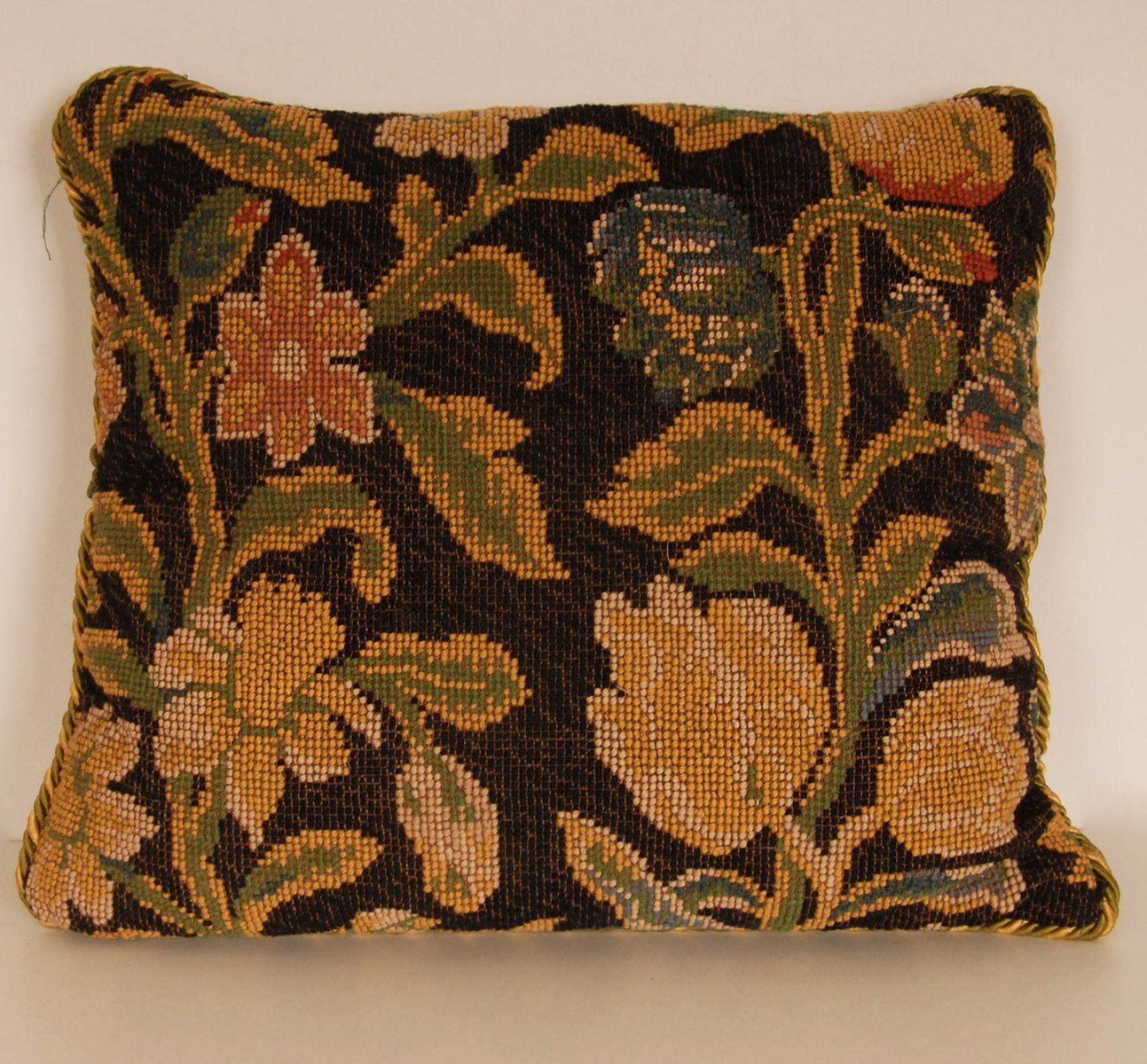 19th Century French Needlepoint Pillow Throw Cushion In Floral Dark Blue