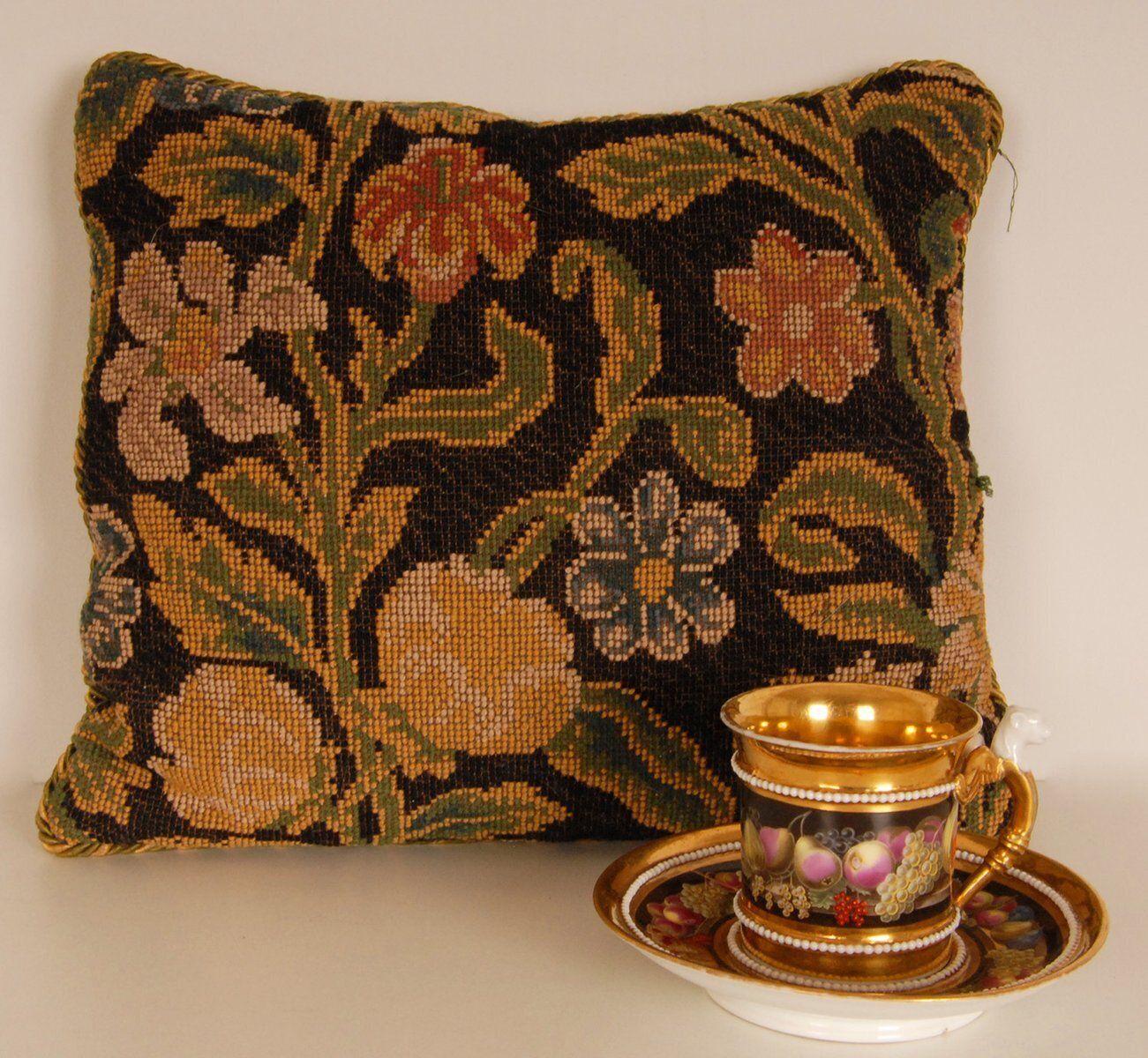 19th Century French Needlepoint Pillow Throw Cushion In Floral Dark Blue photo vinterior