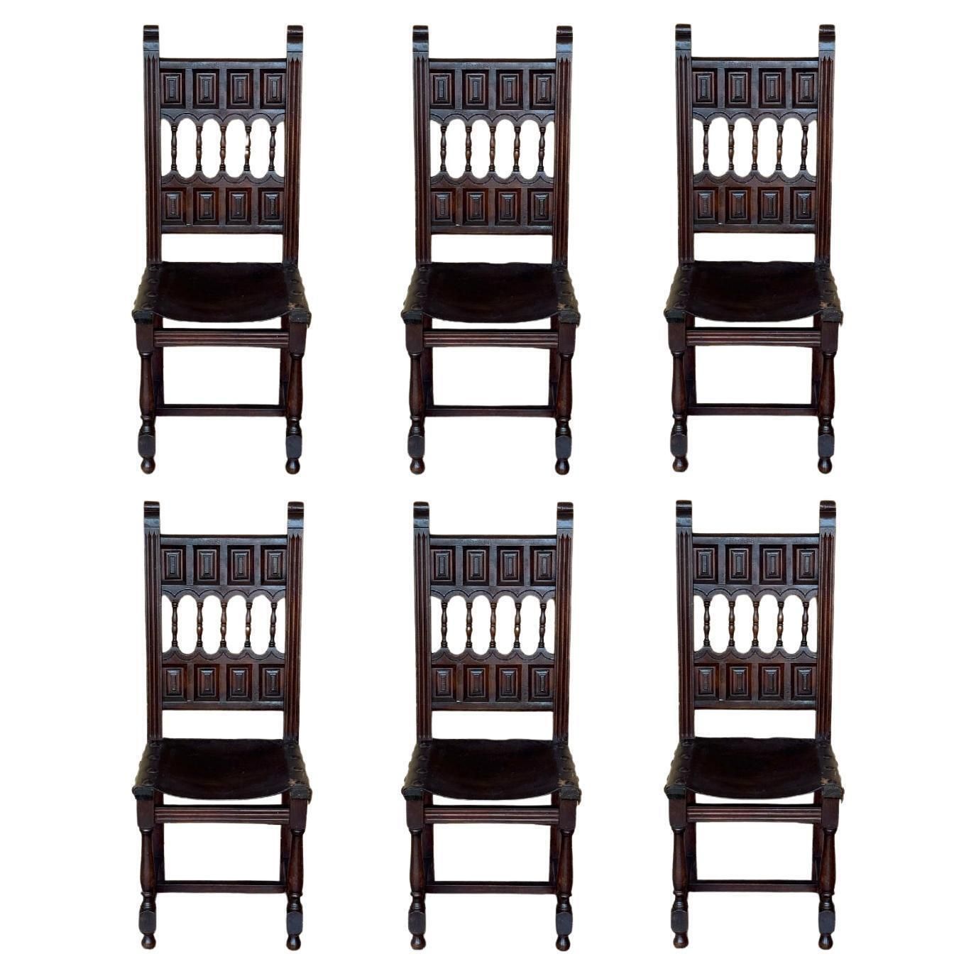 19th Set Of Six Spanish Carved Chairs With Leather Seat And Back