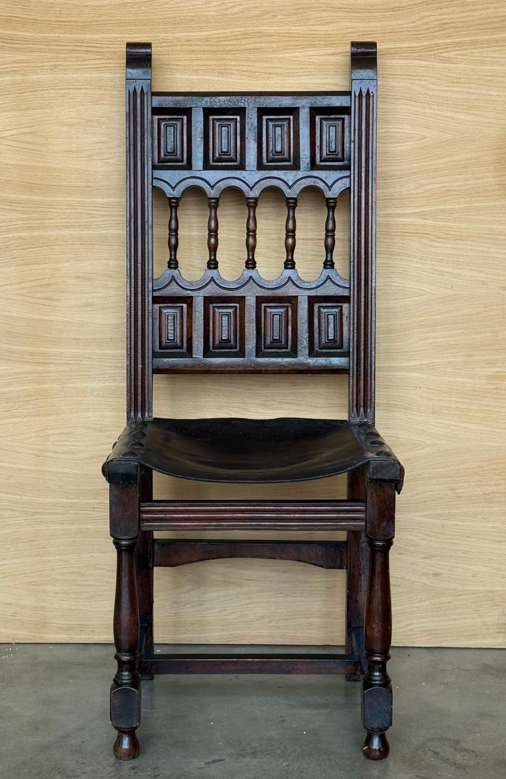 19th Set Of Six Spanish Carved Chairs With Leather Seat And Back photo furniture