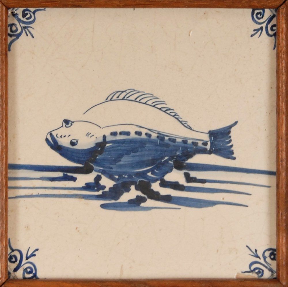 17th Century Baroque Framed Sea Creatures Monsters Tiles In Blue And White From Royal Delft, Set Of 4 photo for sale