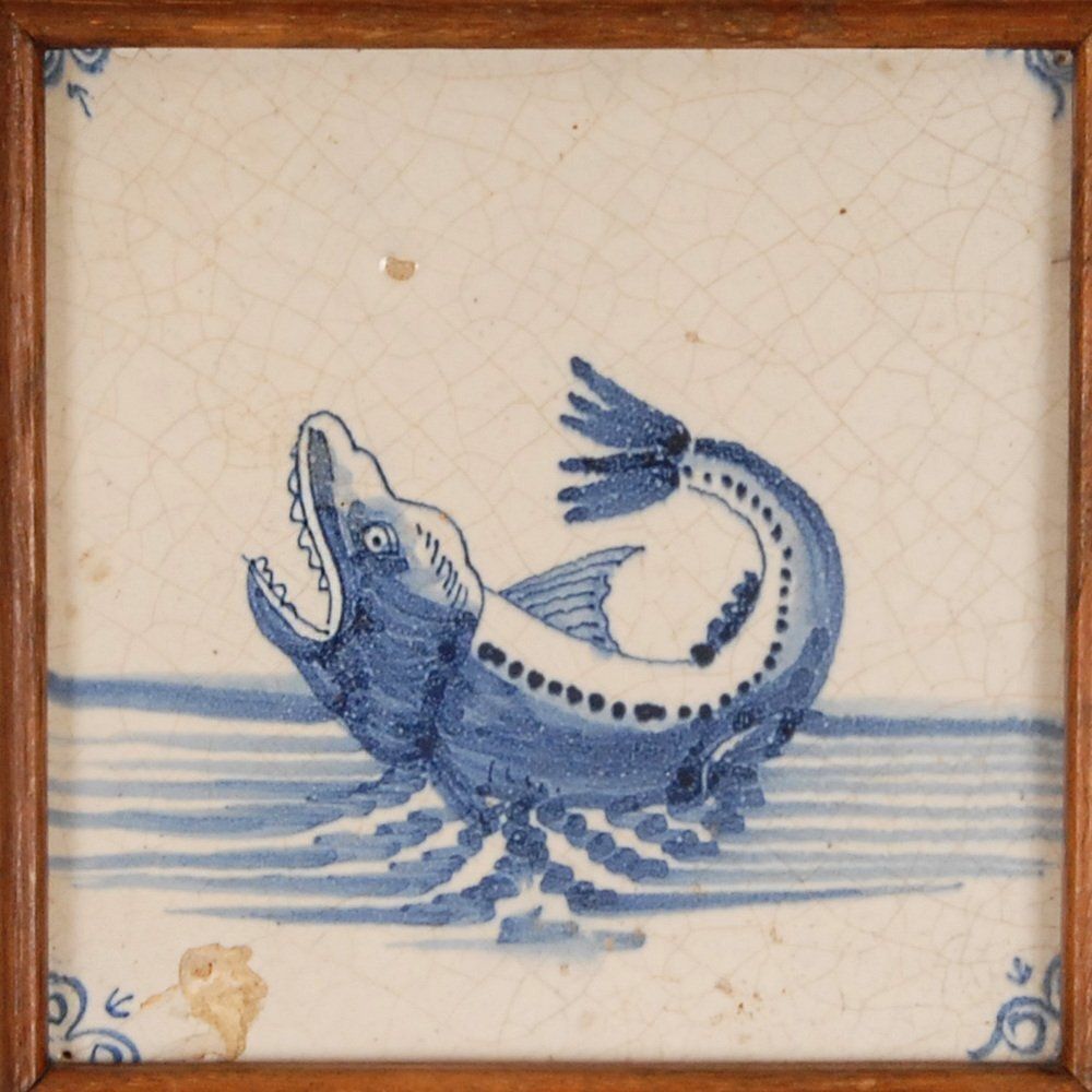 17th Century Baroque Framed Sea Creatures Monsters Tiles In Blue And White From Royal Delft, Set Of 4 photo buy