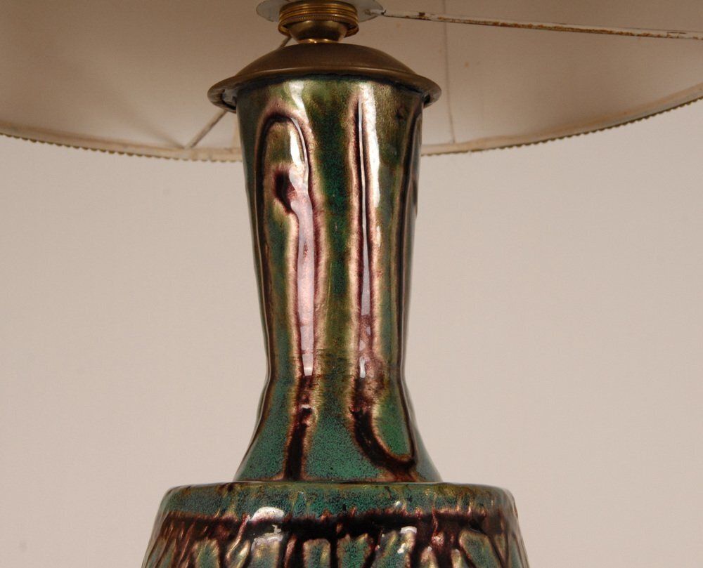 photo for sale French Art Deco Geometric Table Lamps In Enamel On Copper By Camille Faure, 18th Century, Set Of 2