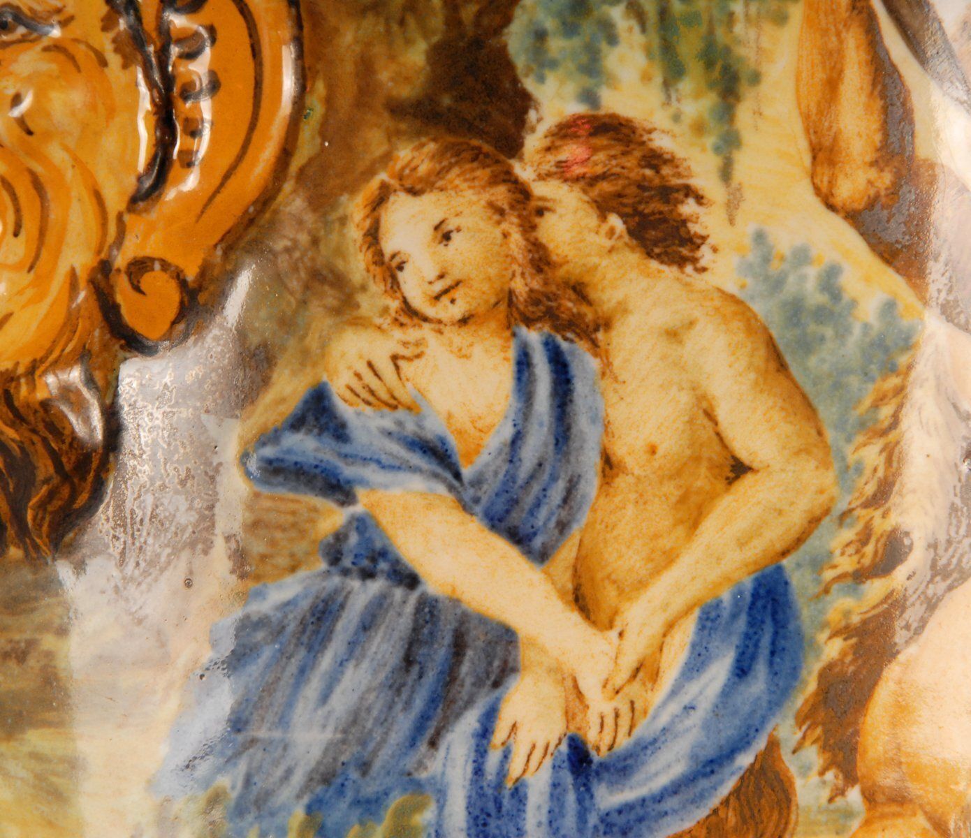 Tall Italian Majolica Serpentine Handles Vase With Separate Base Depicting Mythological Scene By Annibale Carracci, Farnese Gallery, Rome, 1597 photo furniture
