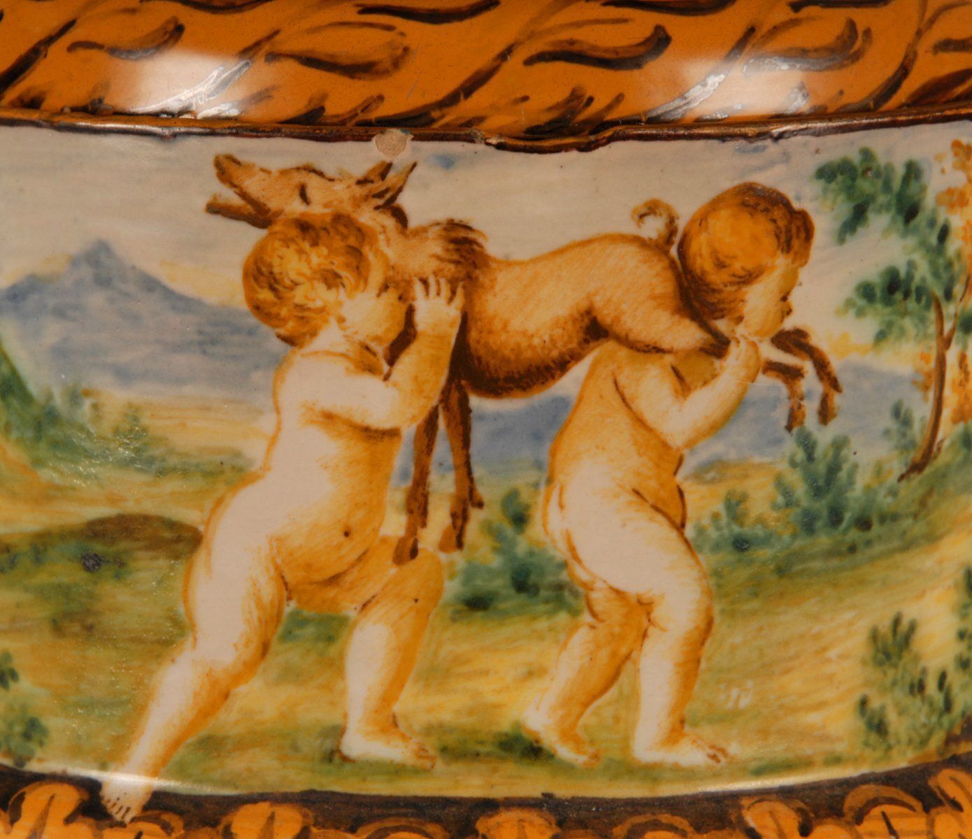 photo furniture Tall Italian Majolica Serpentine Handles Vase With Separate Base Depicting Mythological Scene By Annibale Carracci, Farnese Gallery, Rome, 1597