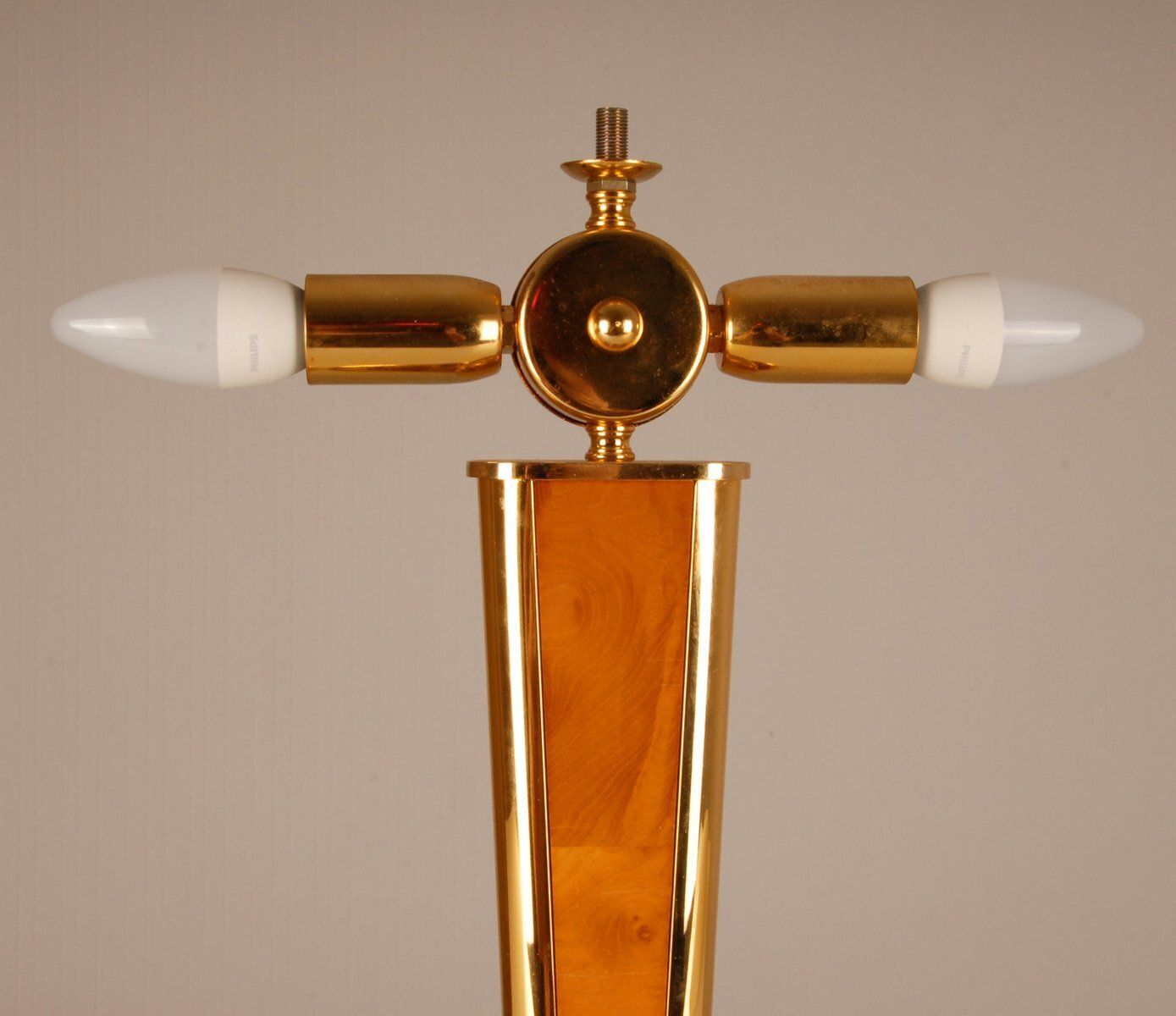 Milo Baughman Style Gilt Brass & Burl Wood Mushroom Table Lamp With Handcrafted Glass Lampshade, 1960s photo furniture