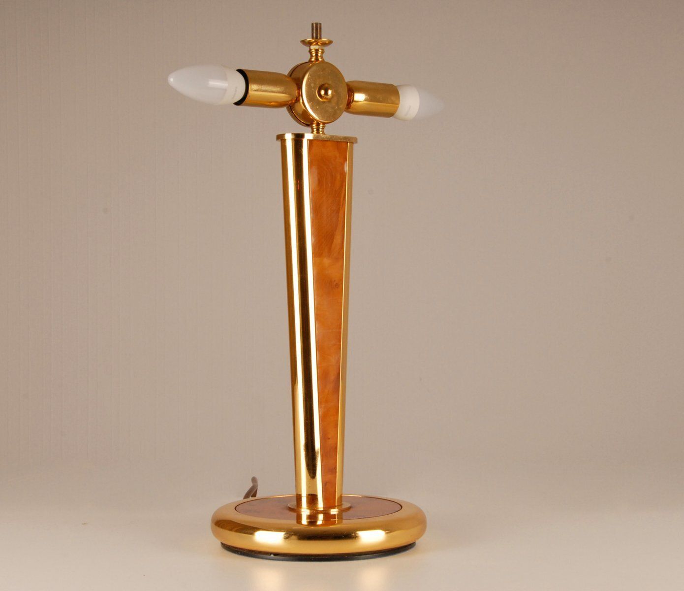 Milo Baughman Style Gilt Brass & Burl Wood Mushroom Table Lamp With Handcrafted Glass Lampshade, 1960s photo Lighting