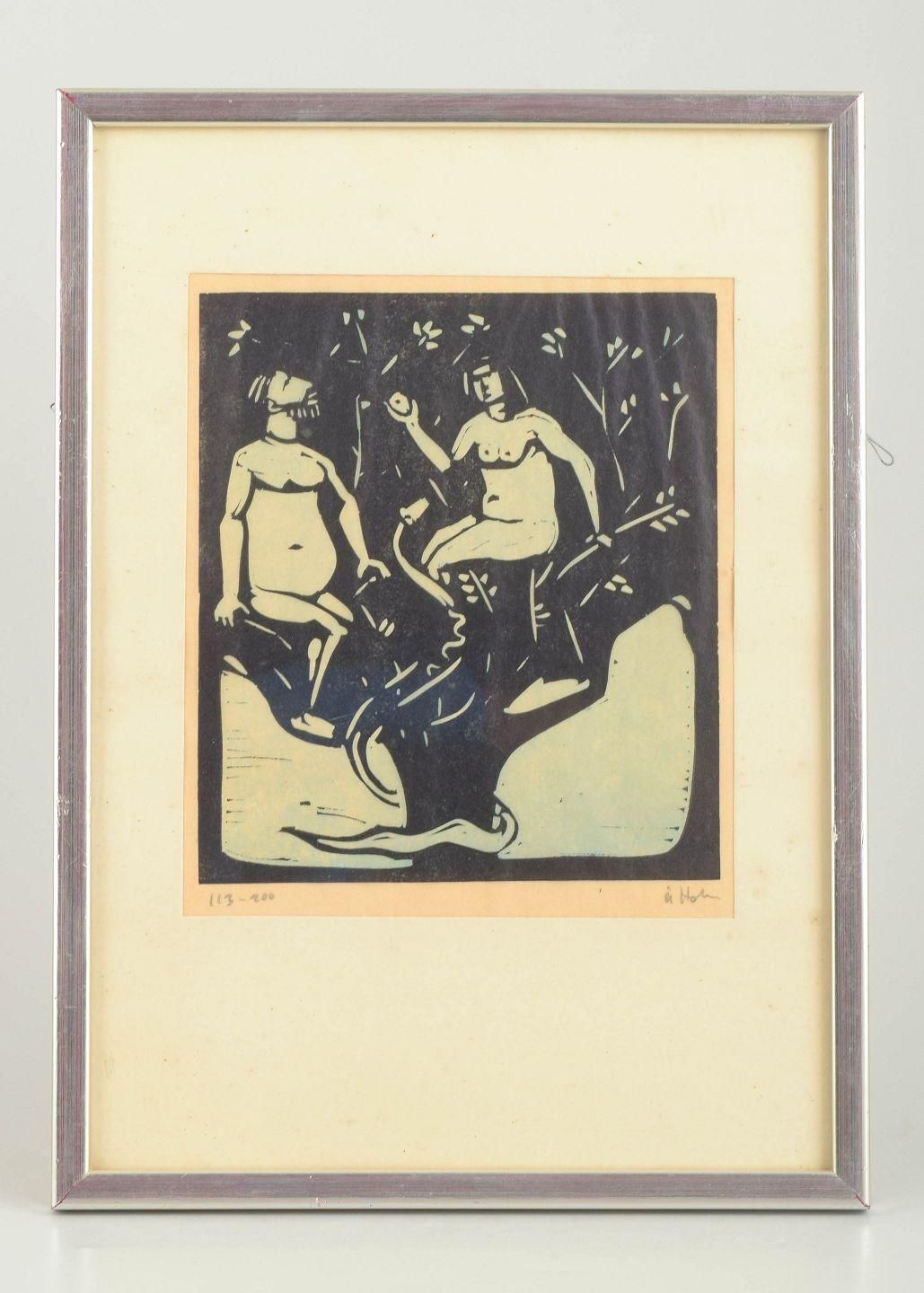 åke Holm. Print On Paper. Adam And Eve In The Garden Of Eden. Mid 20th C. photo furniture