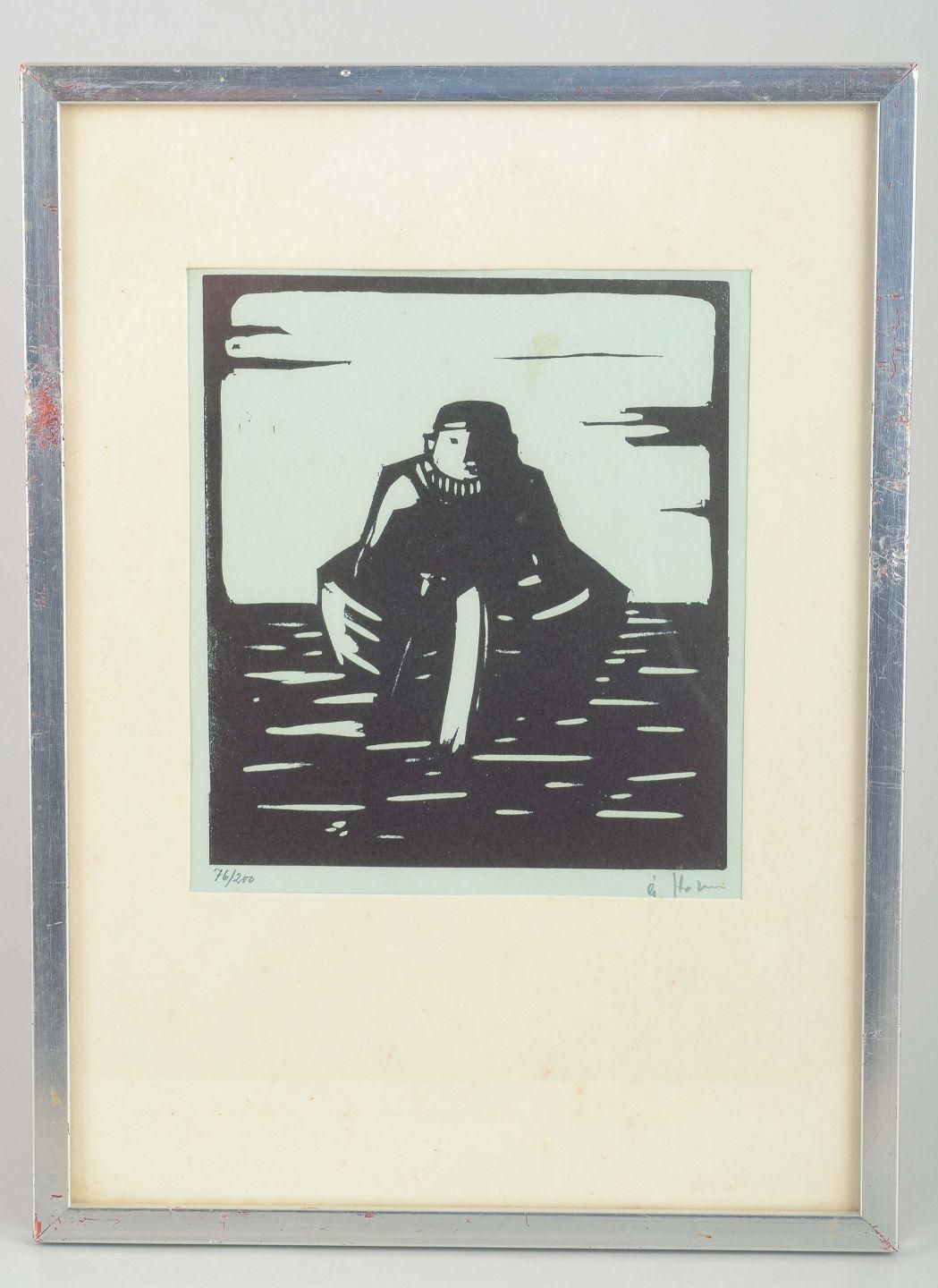 åke Holm. Woodcut On Paper. Biblical Motif: Man In A Boat. Mid 20th C. photo furniture