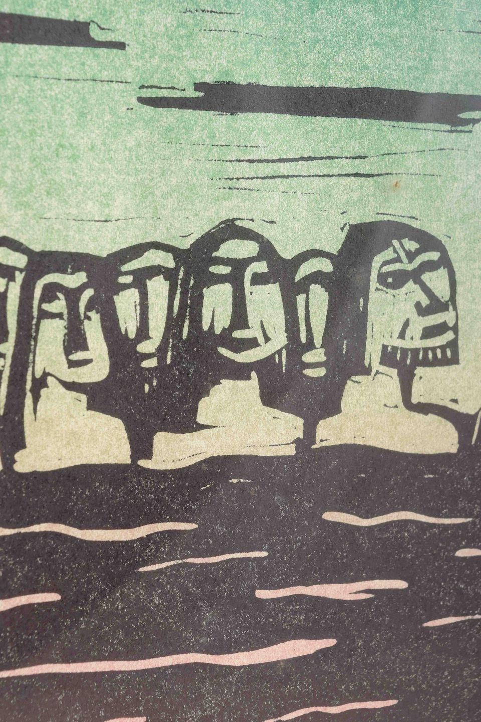 åke Holm. Woodcut On Paper. Biblical Motif With Group Of Figures By Water. photo for sale