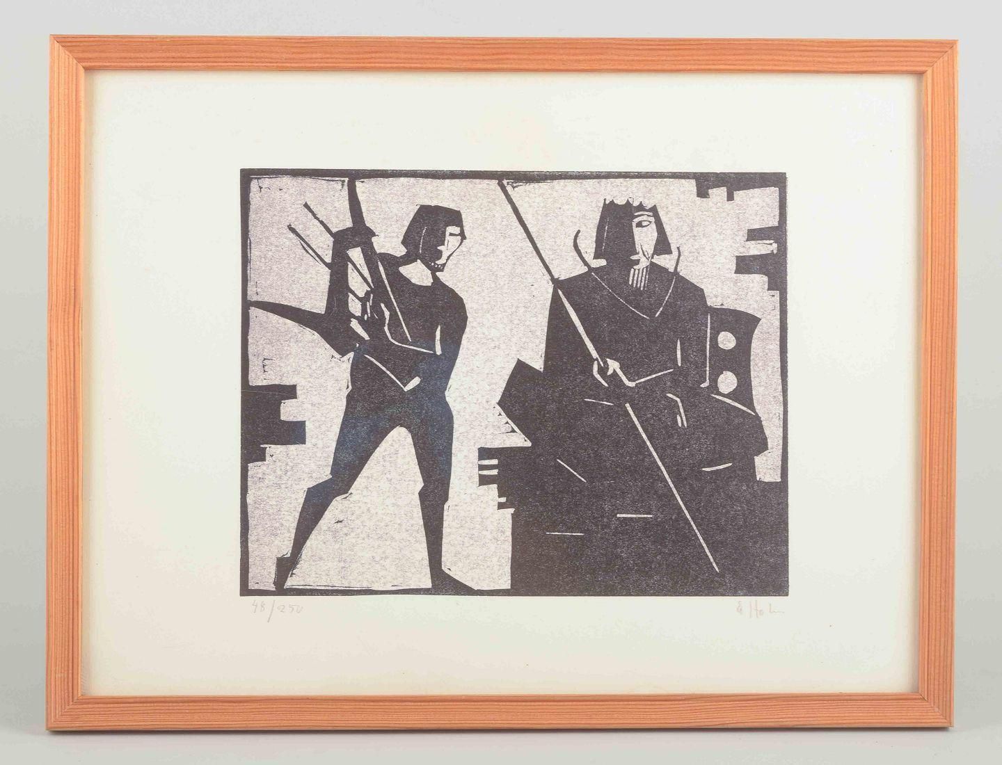 åke Holm. Woodcut On Paper. Composition With Two Figures (David And Saul). photo furniture
