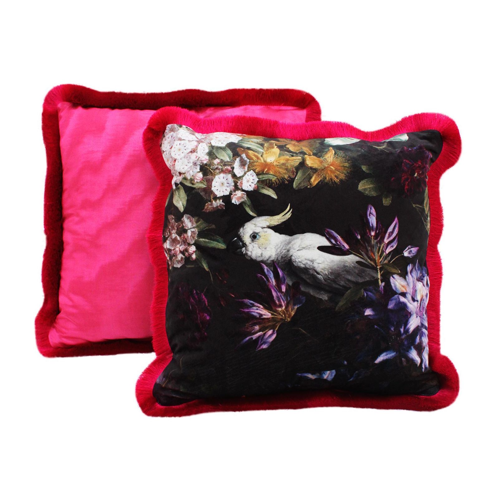 Contemporary Dark And Fuchsia Cotton And Moire Fabric Parrots Pair Of Pillows photo Textiles