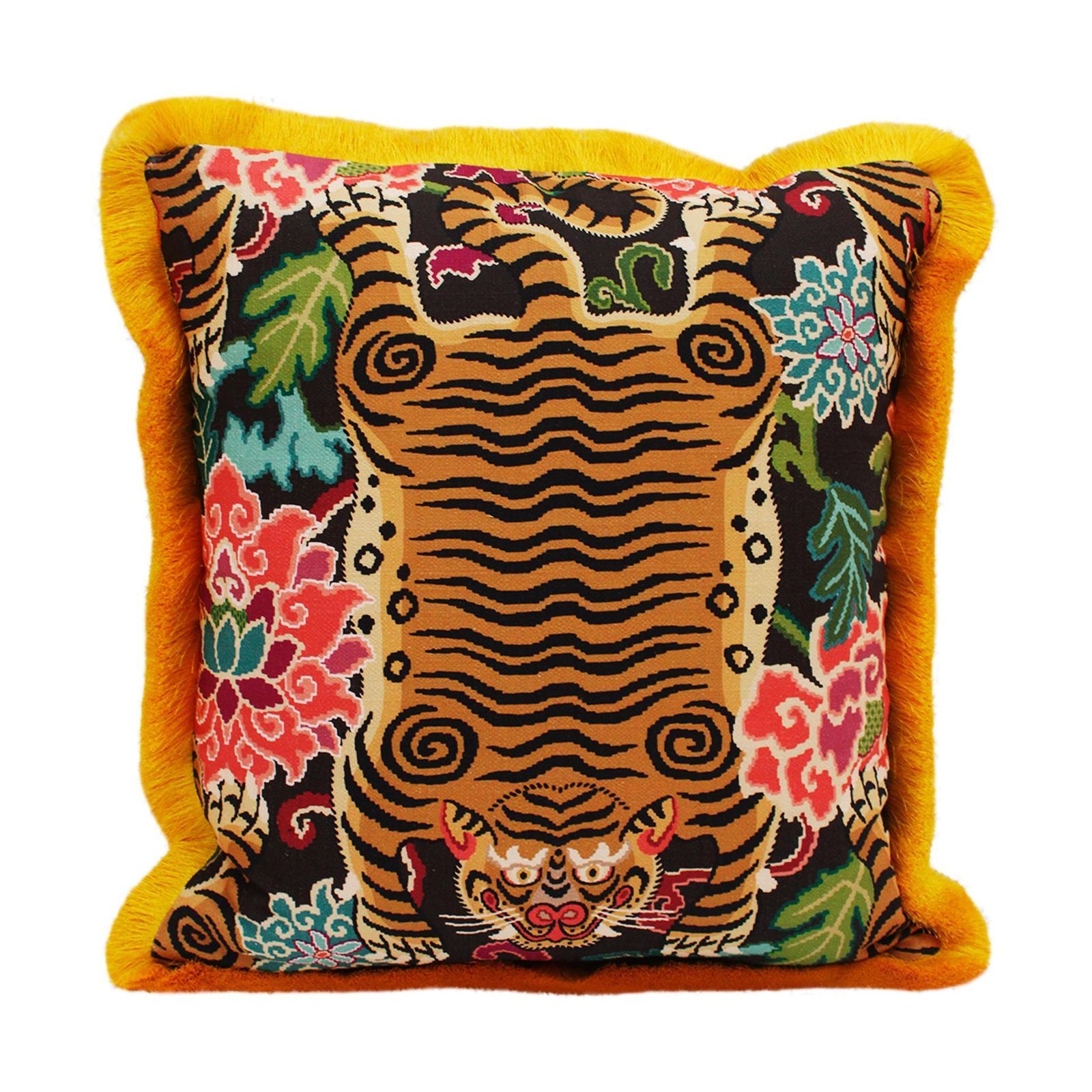 Contemporary Golden And Brown Cotton And Silk Fringe Tiger Pair Of Pillows photo furniture