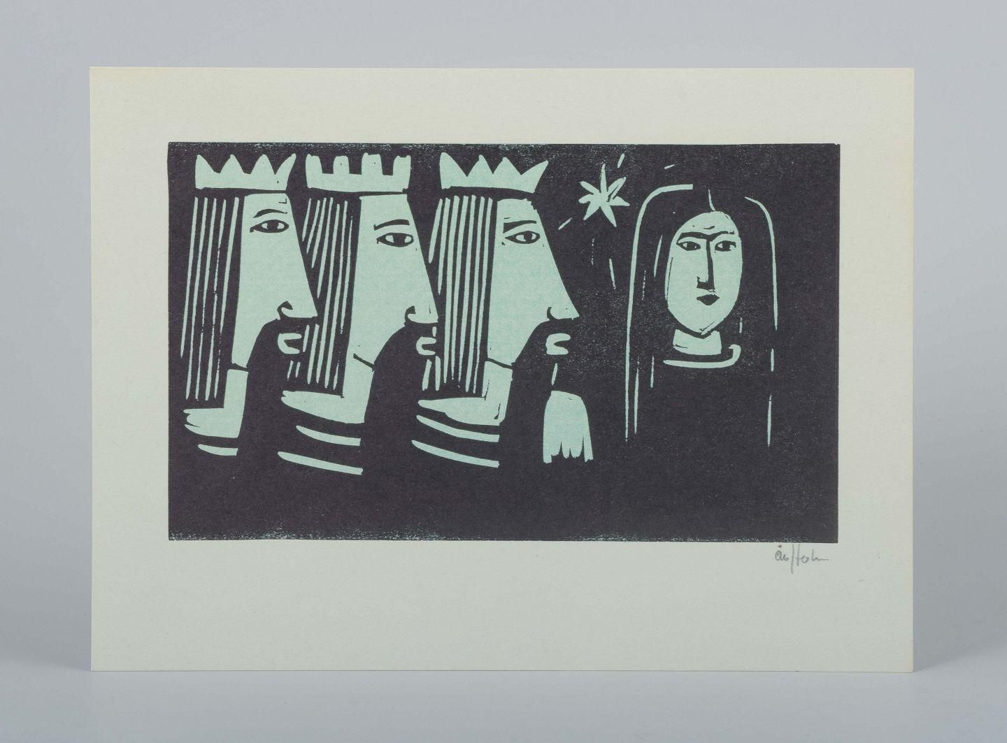 åke Holm, Sweden. Black And White Woodcut With Three Wise Men And Virgin Mary. photo furniture