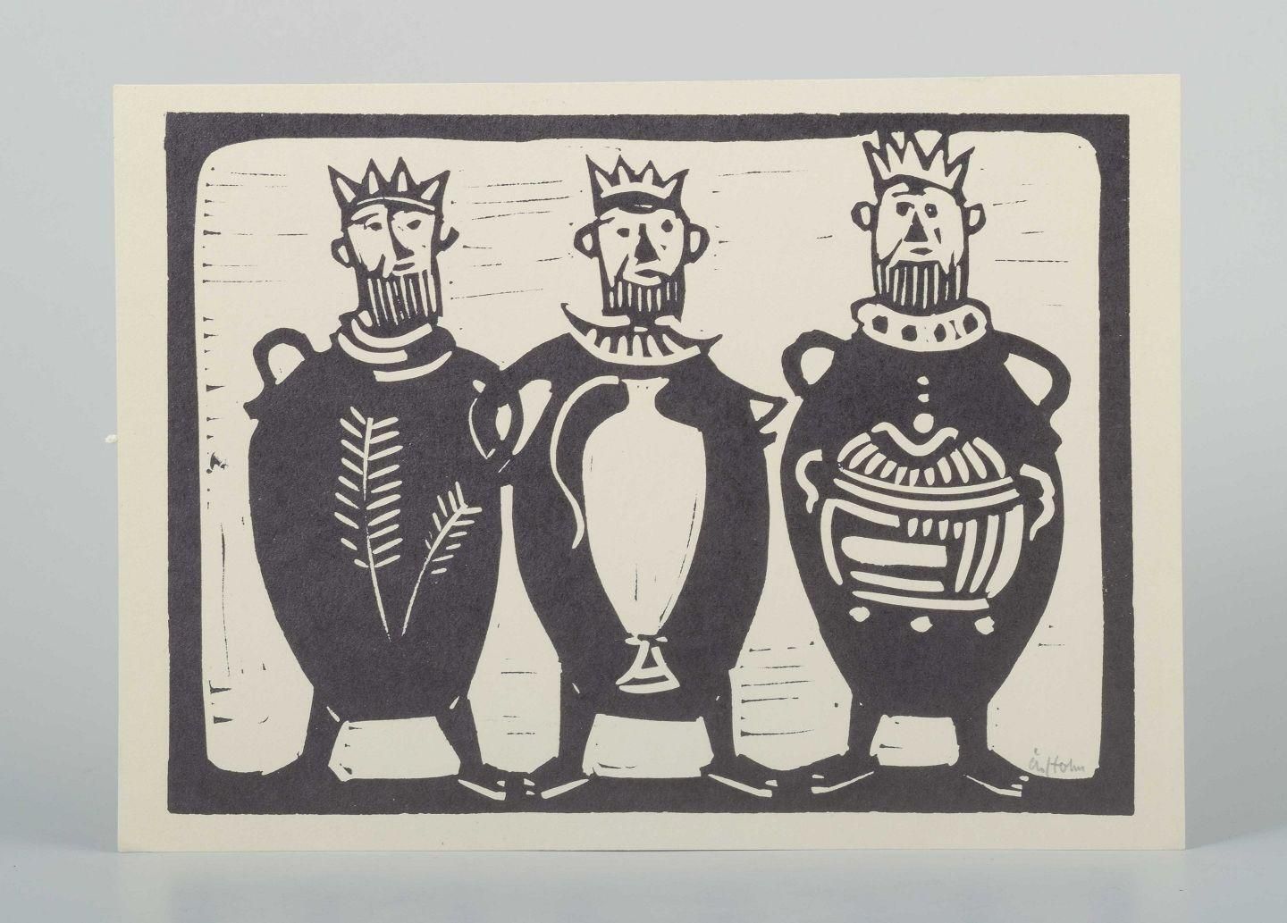 åke Holm, Sweden. Black And White Woodcut. Three Regal Figures. Ca. 1950s photo furniture