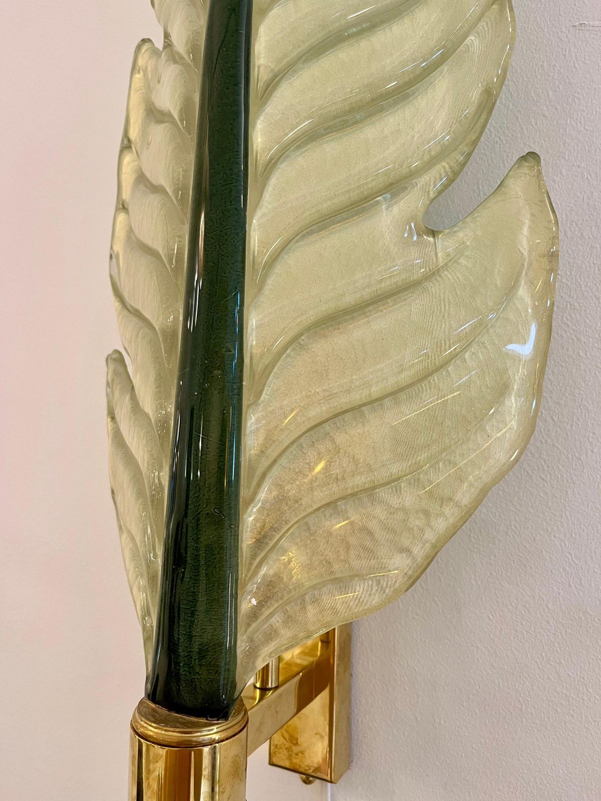 Lighting Mid Modern Style Pair Of Green Leaf Murano Glass And Brass Italian Wall Sconces photo