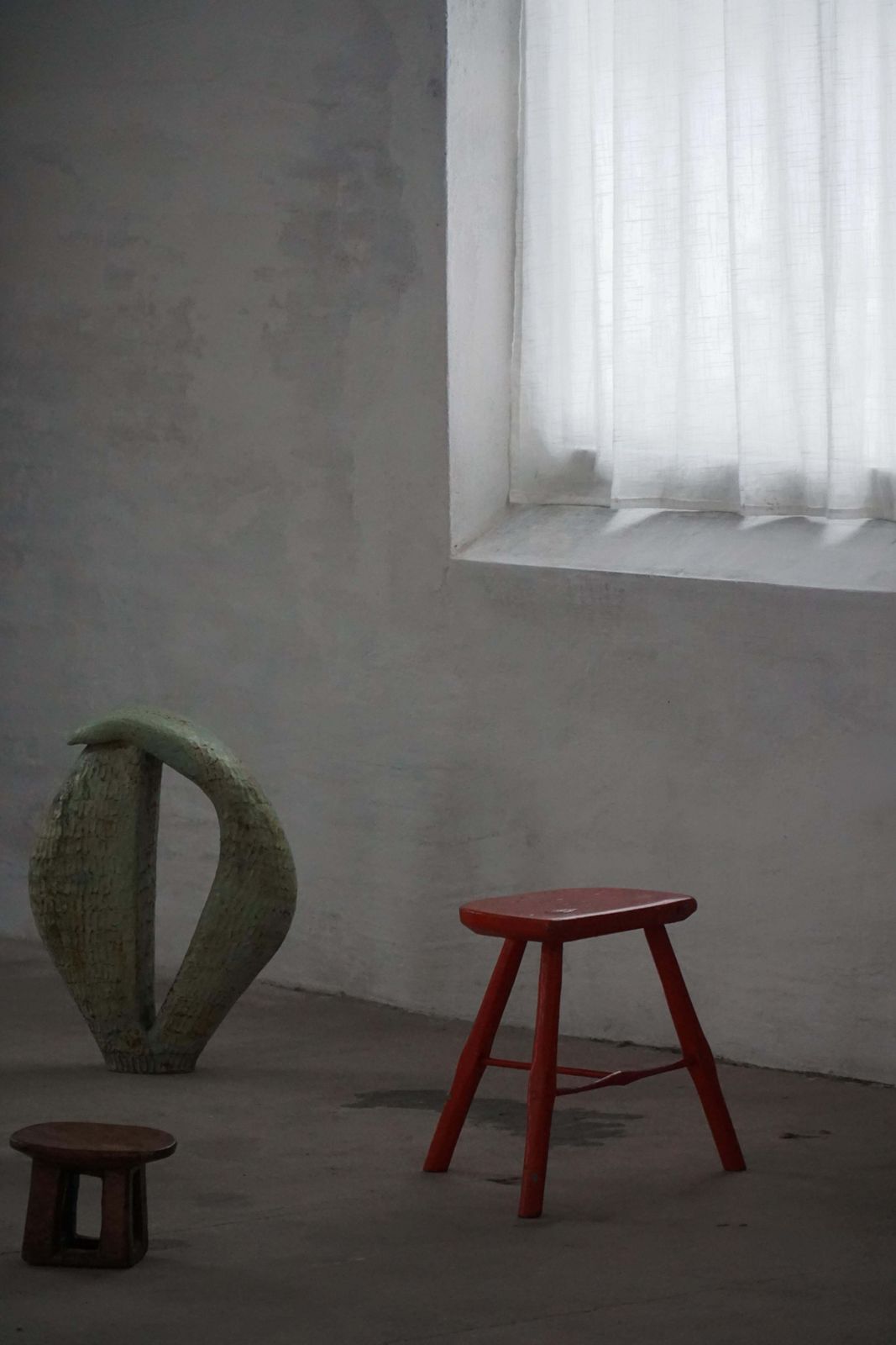 Furniture Pair Of Patinated Red Painted Wooden Stools With Splayed Legs, 1950s–1960s photo