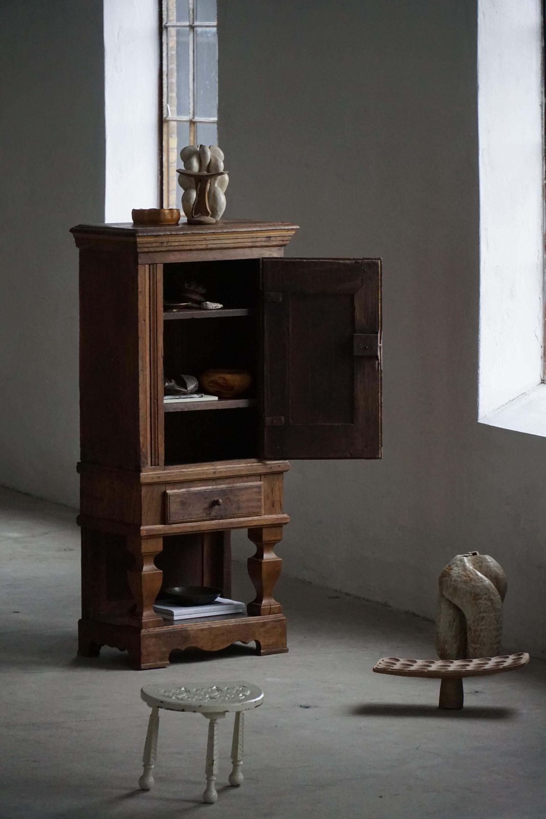 Mid 19th Century, Rustic French Solid Oak Cabinet With Paneled Door, Baroque photo Furniture