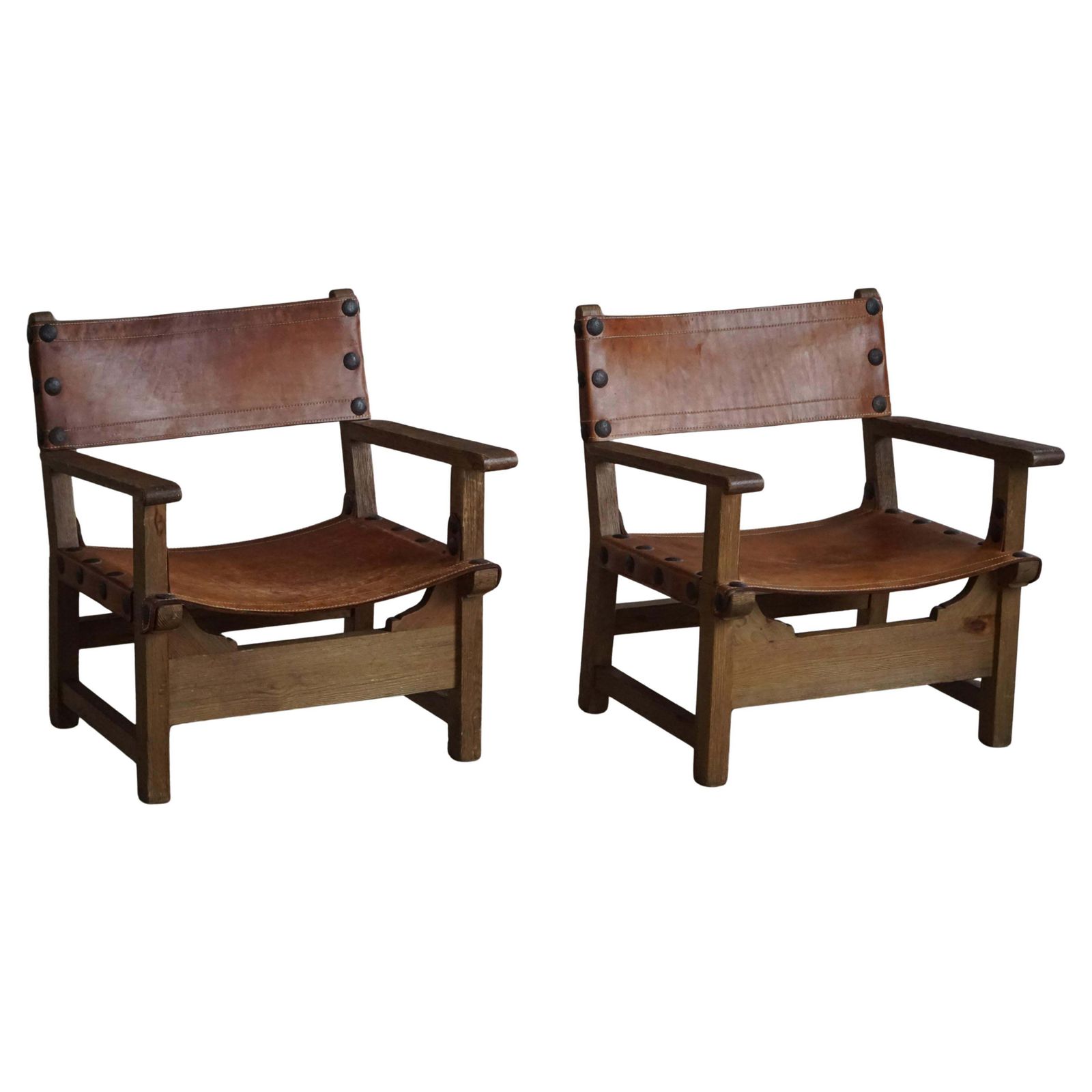 Mid 20th Century, Pair Of Spanish Brutalist Armchairs, Wood & Leather, 1960s