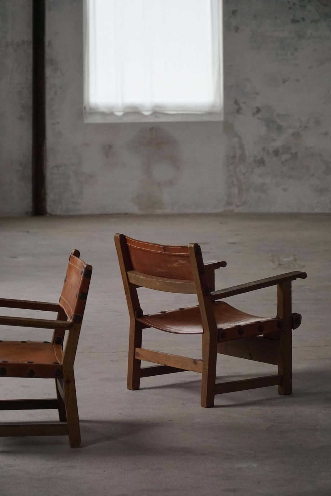 photo for sale Mid 20th Century, Pair Of Spanish Brutalist Armchairs, Wood & Leather, 1960s