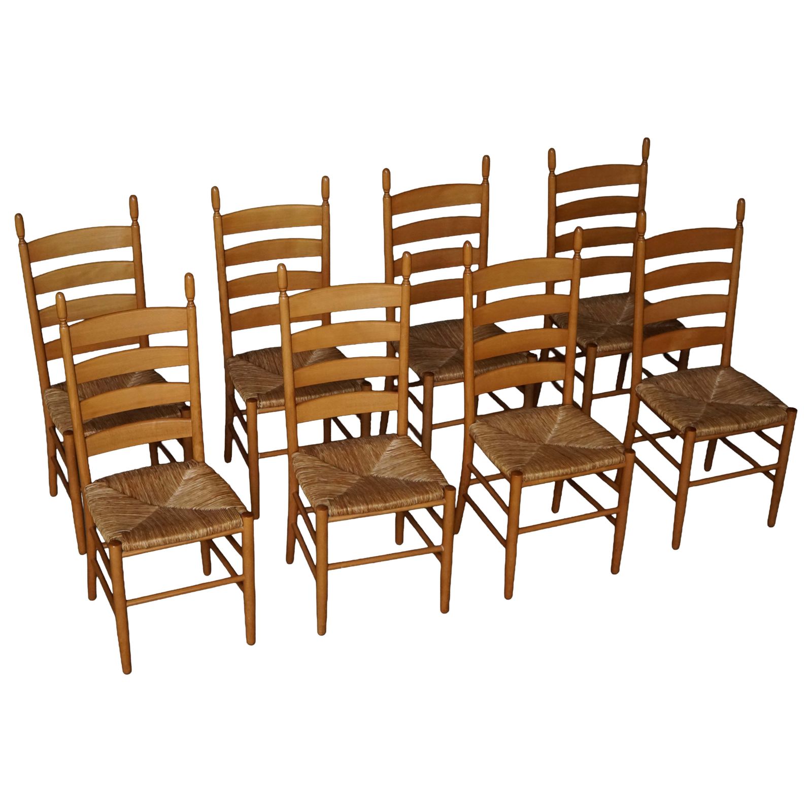 Set Of 8 Italian Modern Dining Chairs, Beech With Woven Seats, 1960s