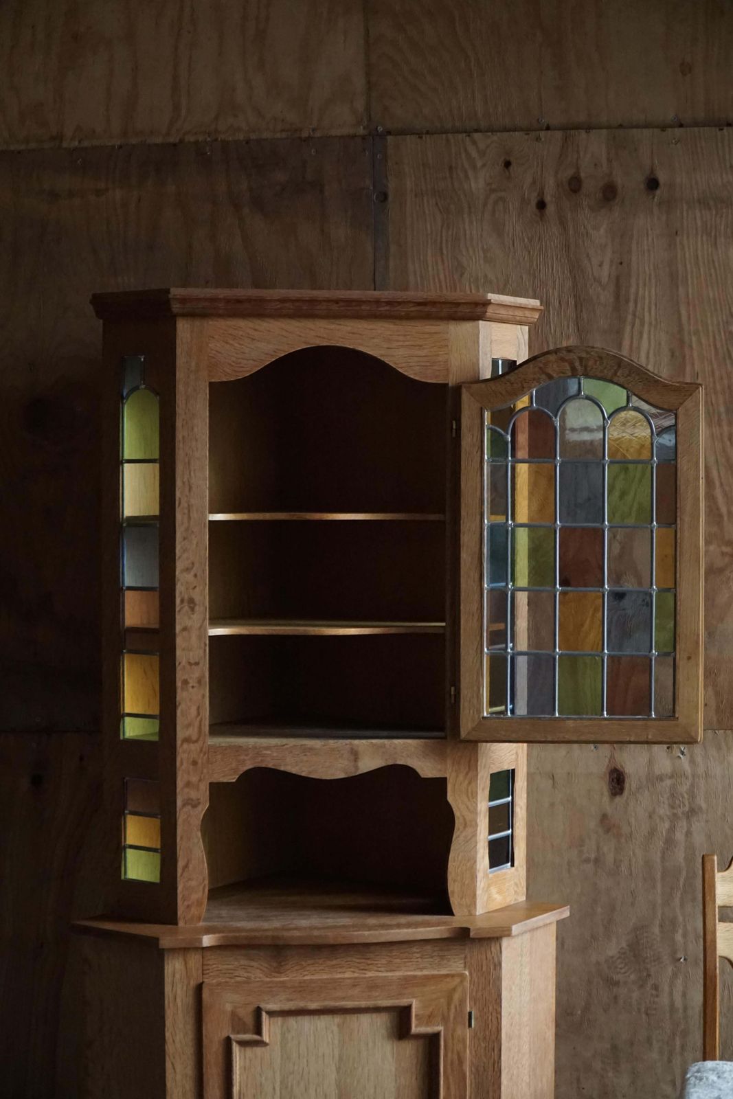 Danish Mid Century, Oak Corner Cabinet With Leaded Stained Glass, 1940s photo 1852.0