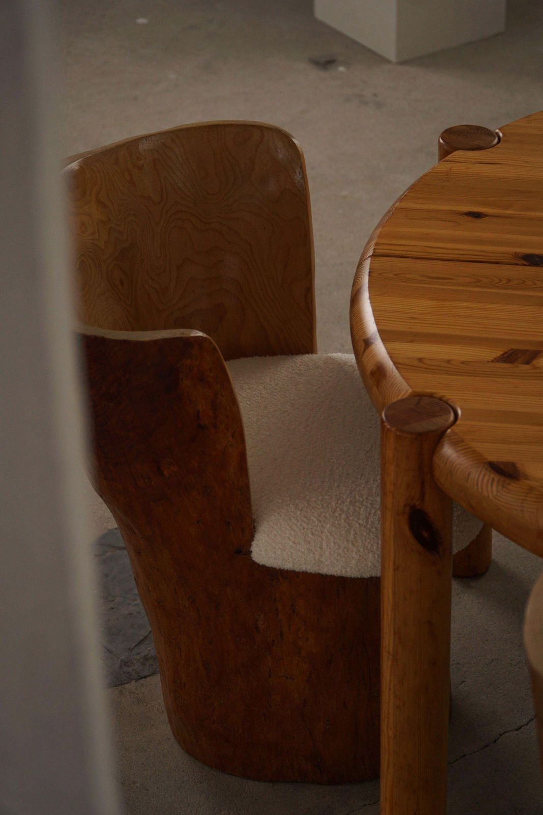 Swedish Modern, Set Of Four Stump Chairs, Solid Wood With Bouclé Seats, 1960s photo vintage